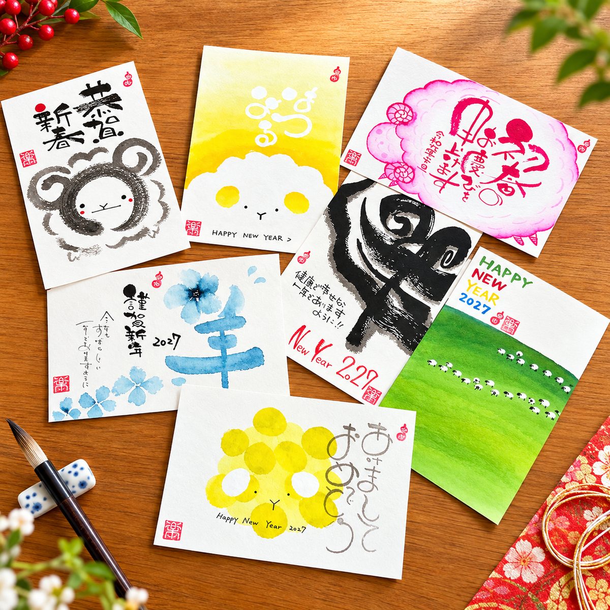 己書で描いた未(ひつじ)年の年賀状7枚